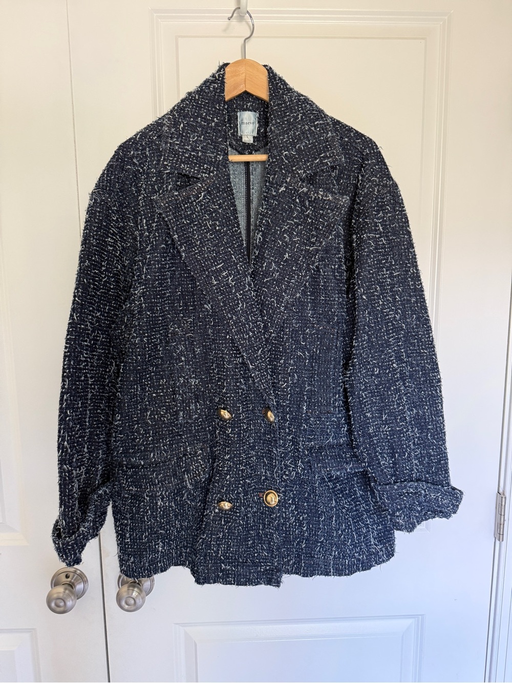 Maeve Anthropologie Navy denim punched Double-Breasted oversized jacket large - Picture 2 of 7